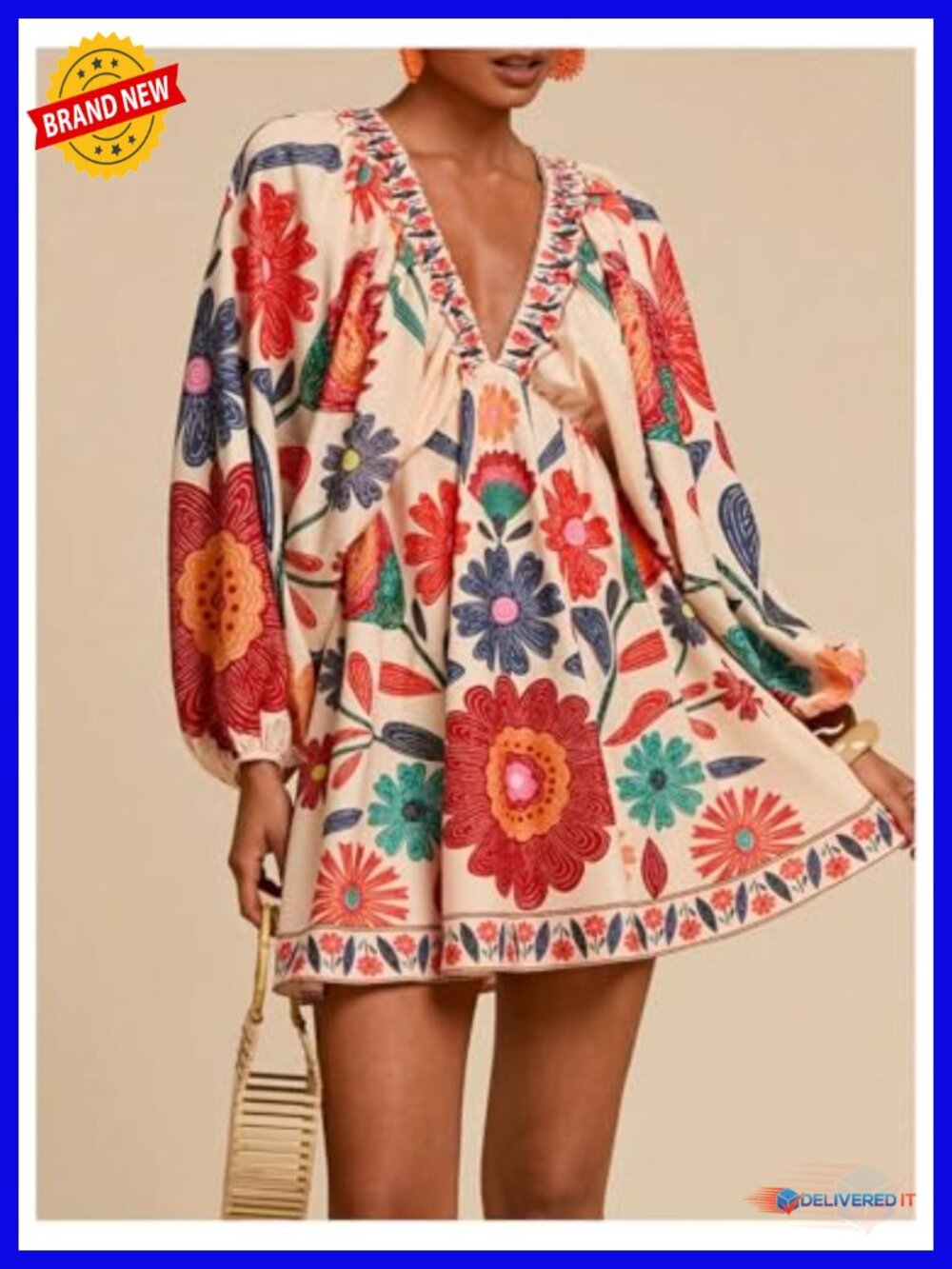 Women's Boho Floral V Neck Mini Dress Long Bishop Sleeve Tie Back Tropical - Picture 2 of 4